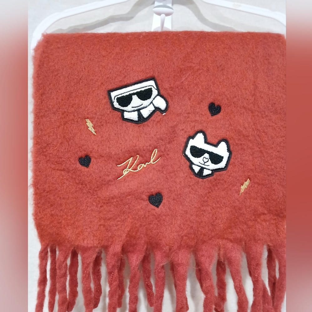 Karl Lagerfeld Kids' Rust Scarf with Embroidered Icons